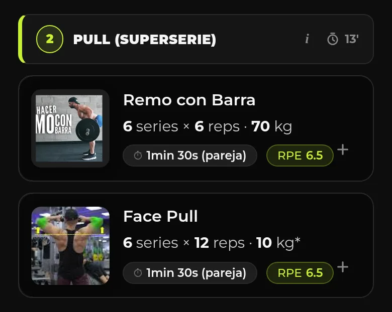 Bloque de ejercicios con series, repeticiones, kilos, descanso y RPE